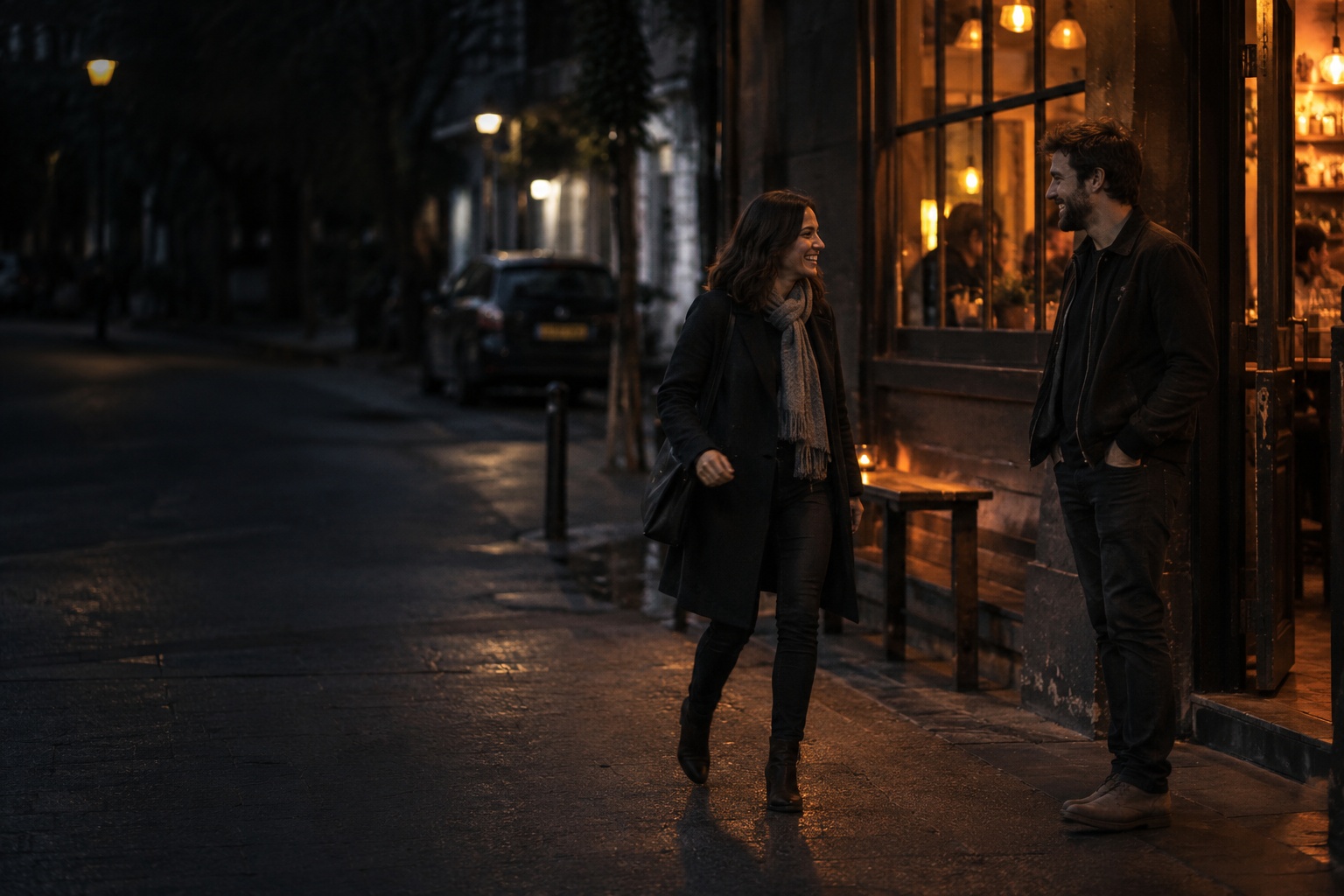 Two people meeting on a city street in the evening