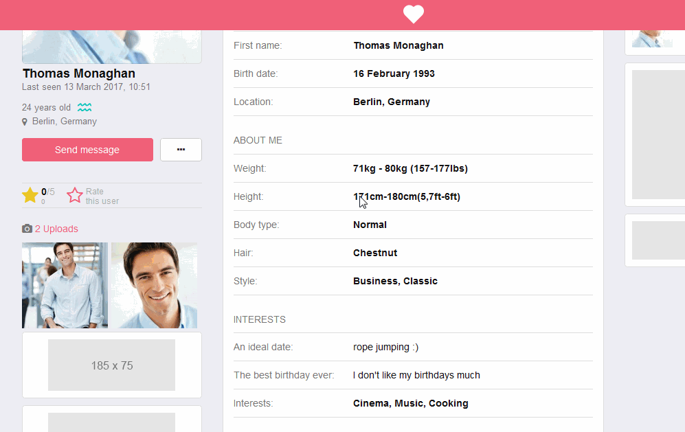 Dating Pro software: Activities menu in user profile