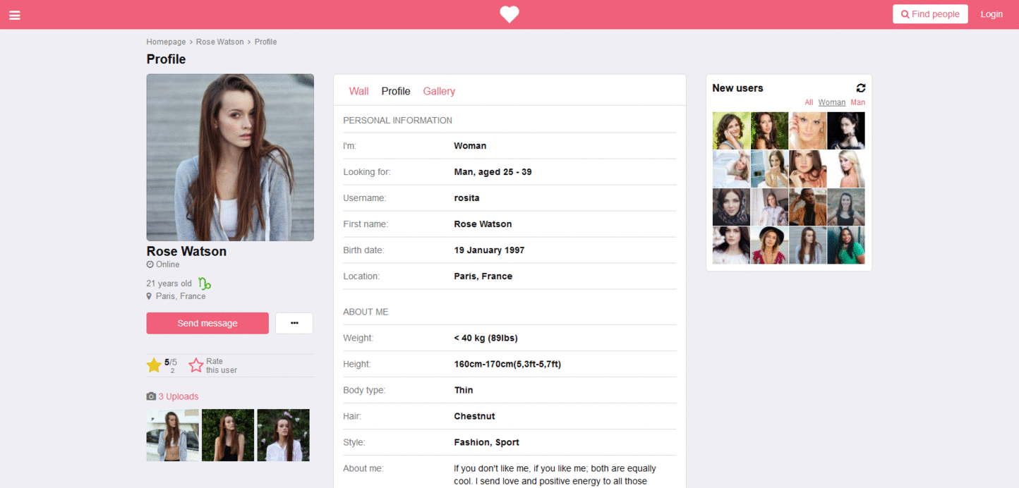 Dating Pro Software: New user profile