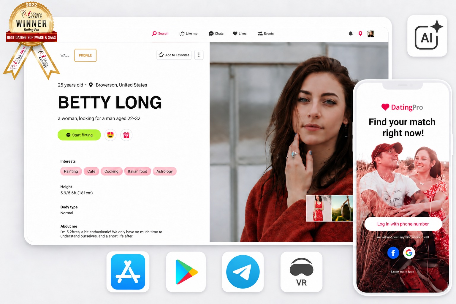 Dating Pro member profile on the website and the sign-in screen of the mobile app, with App Store and Google Play icons