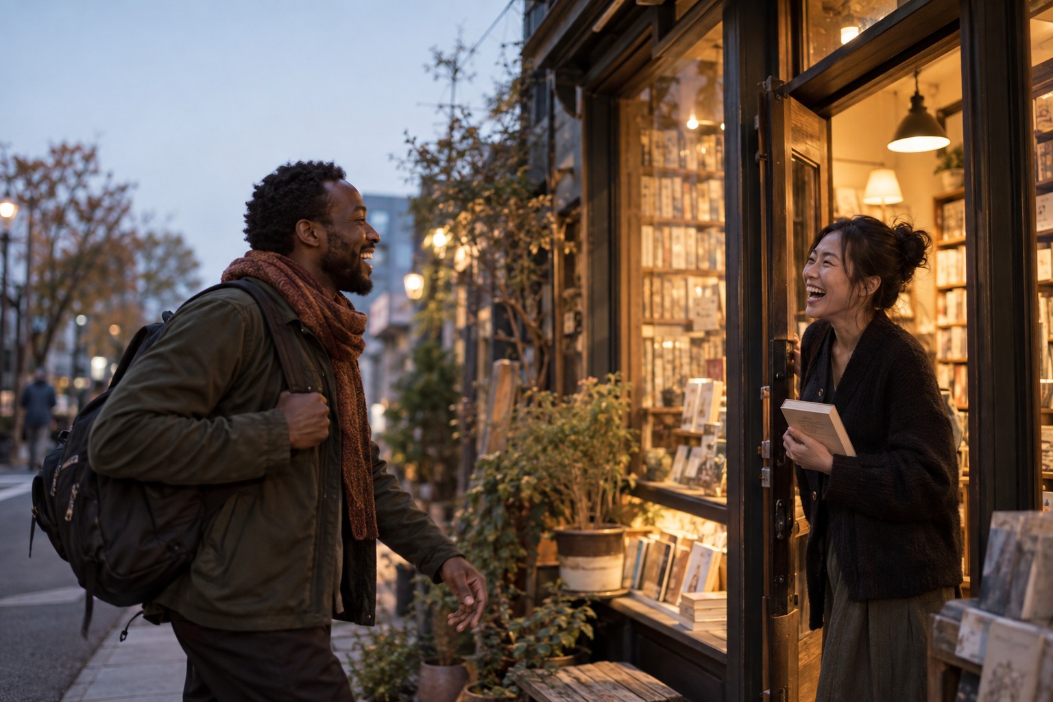 A man and a woman laugh as they meet at the door of a bookshop