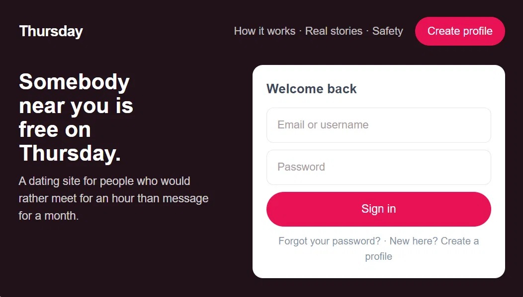 Dating Pro design theme: a branded dating site home page with its own name, headline and sign-in form