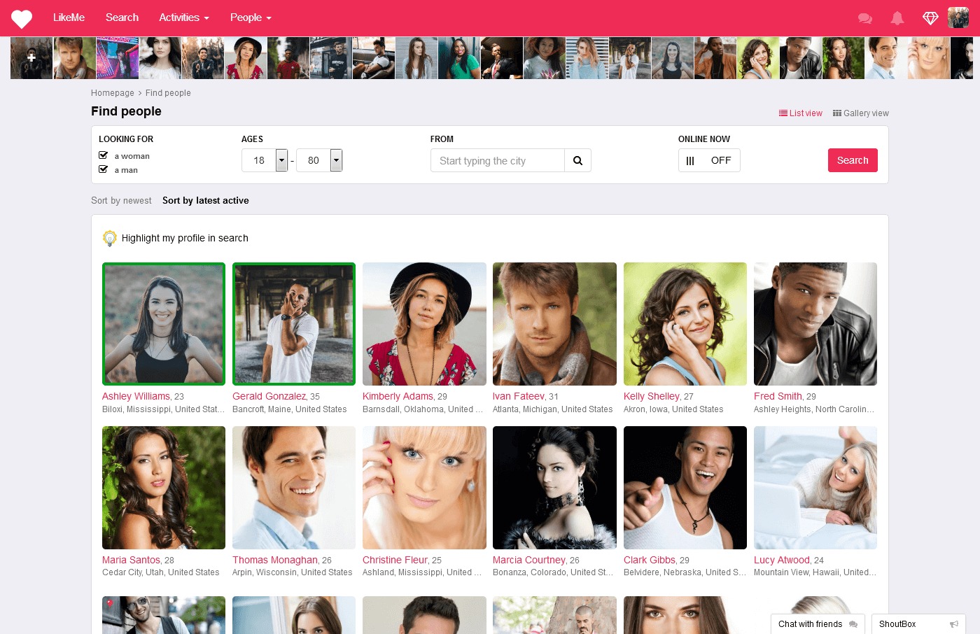 Dating Pro dating software: Find people page with member profiles and age and city filters