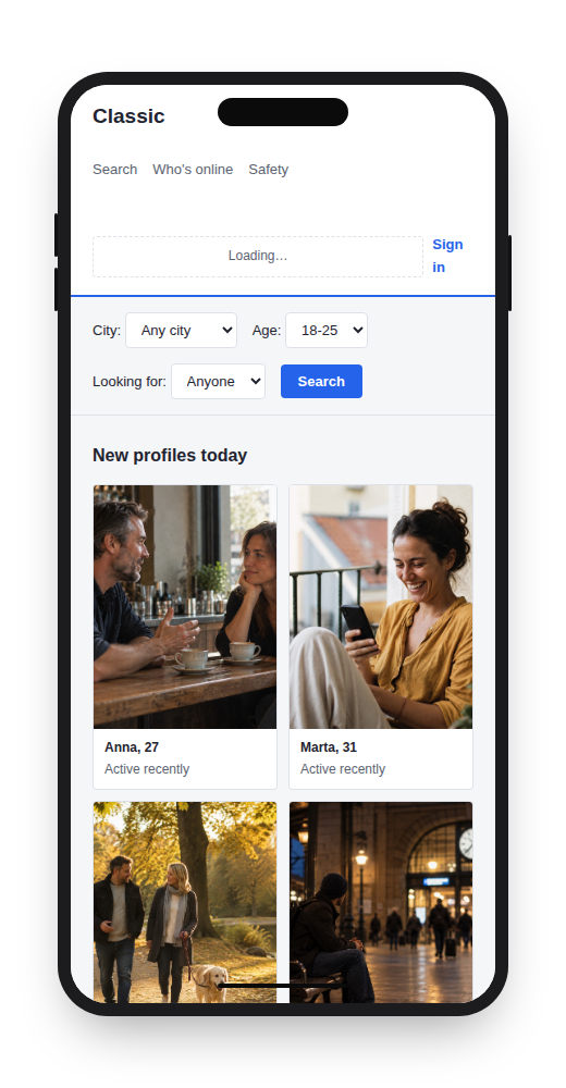 Classic dating website template on mobile