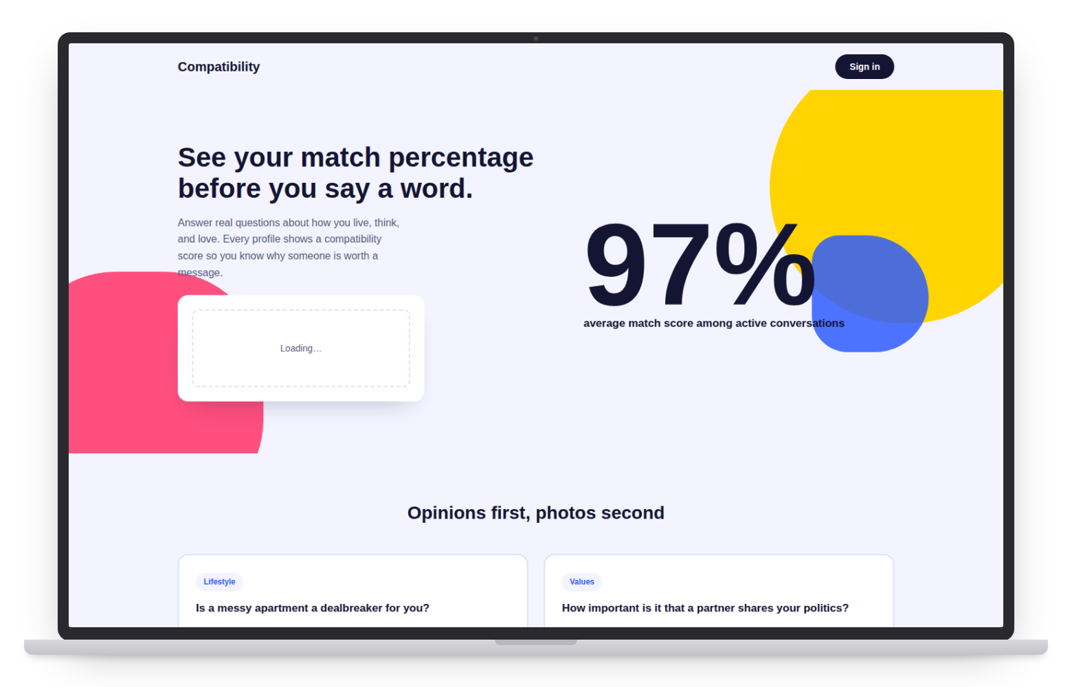 Compatibility dating website template on desktop