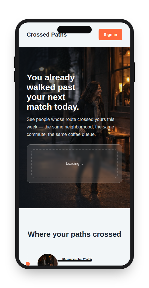 Crossed Paths dating website template on mobile