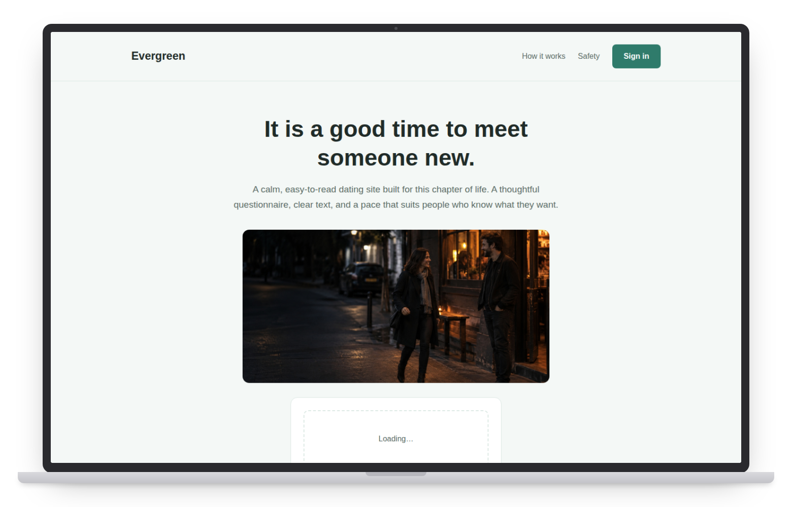 Evergreen dating website template on desktop