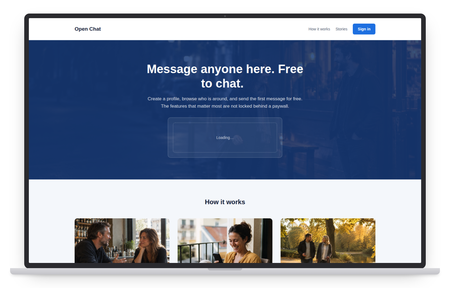 Open Chat dating website template on desktop