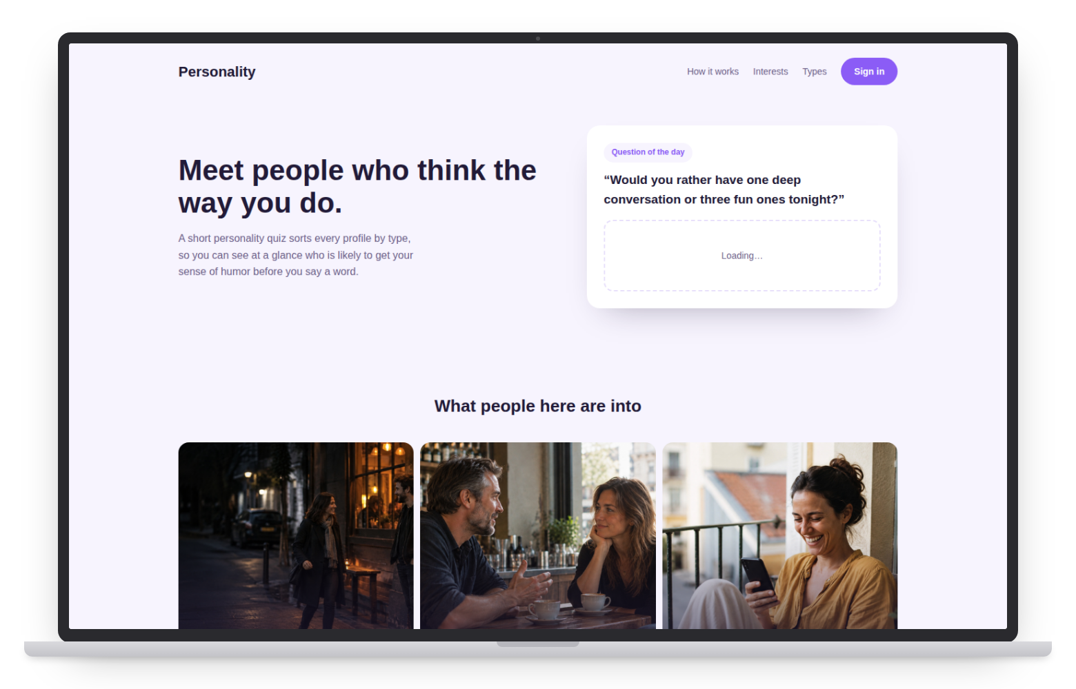 Personality dating website template on desktop