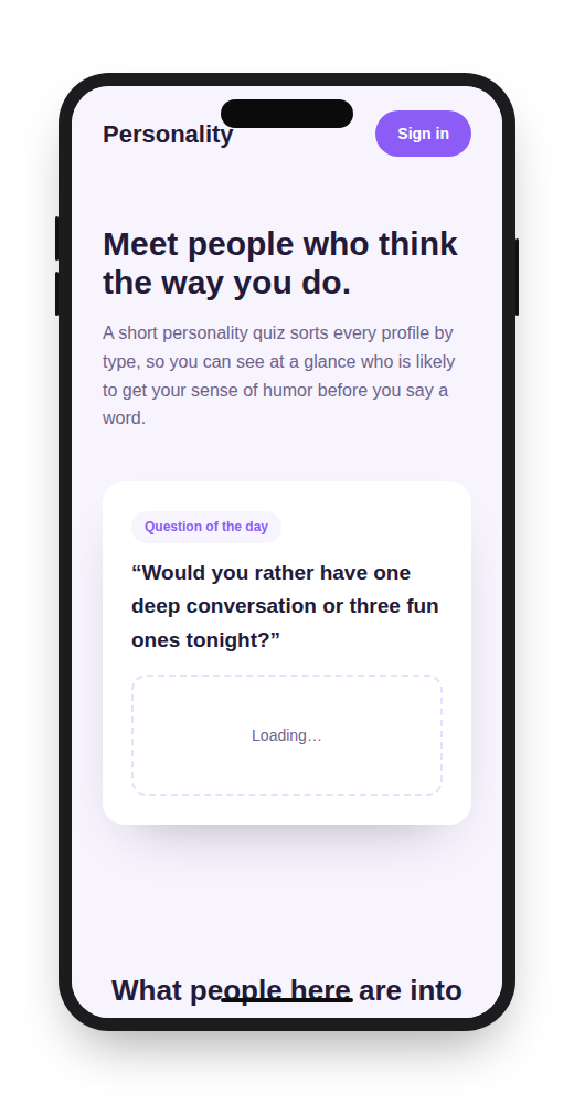 Personality dating website template on mobile
