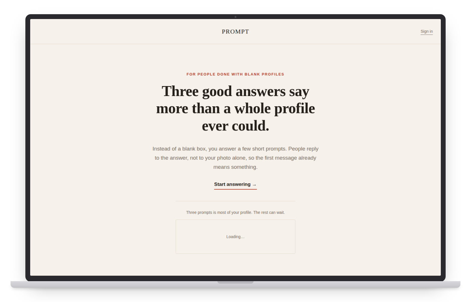 Prompt dating website template on desktop