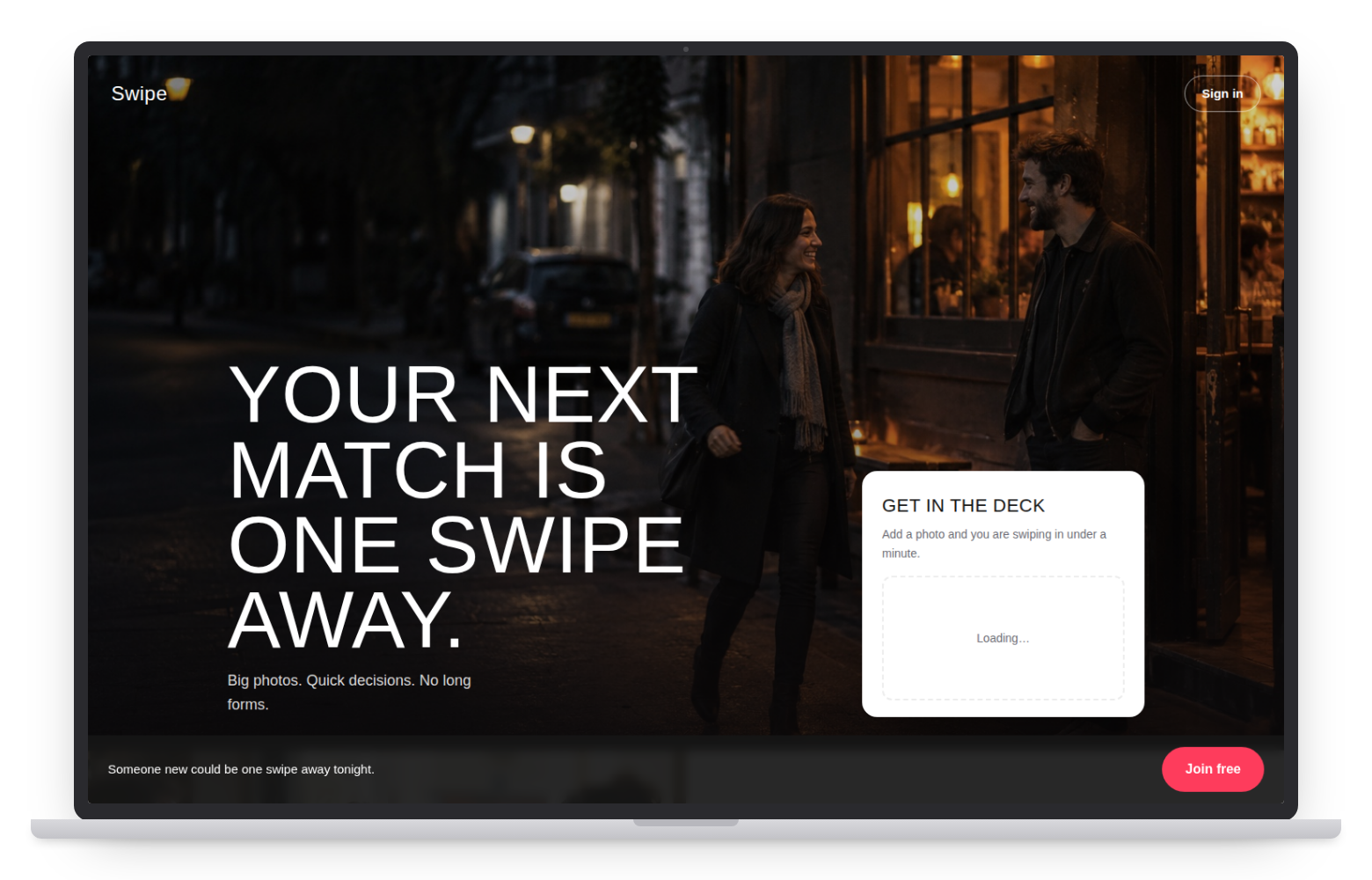 Swipe dating website template on desktop