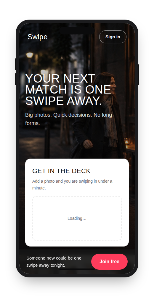Swipe dating website template on mobile