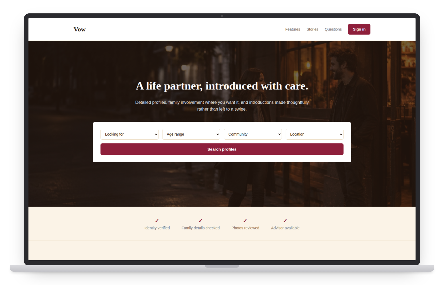 Vow dating website template on desktop