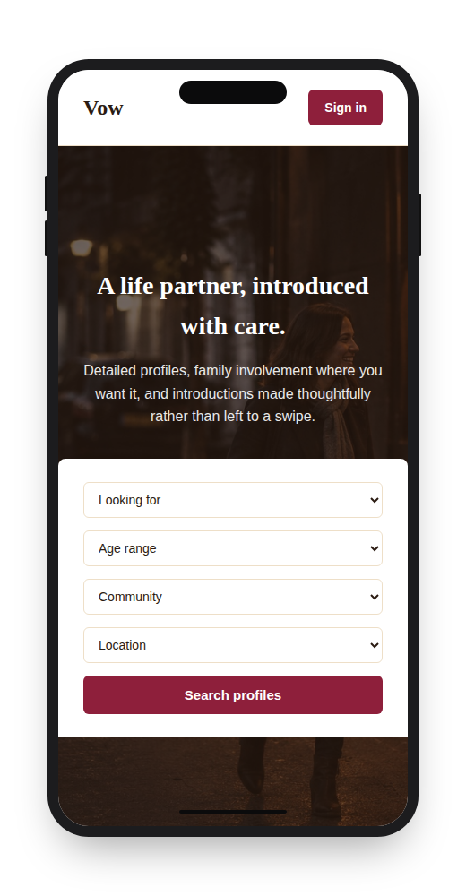 Vow dating website template on mobile