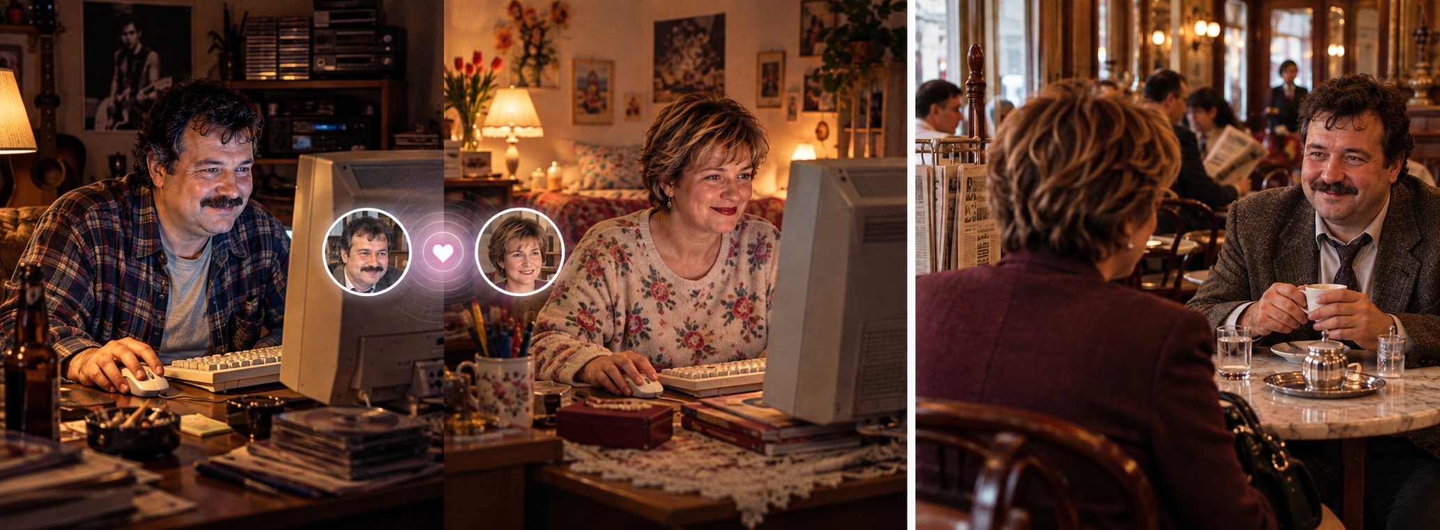 Zwei Menschen lernen sich auf einer Dating-Website kennen und treffen sich danach in einem Kaffeehaus