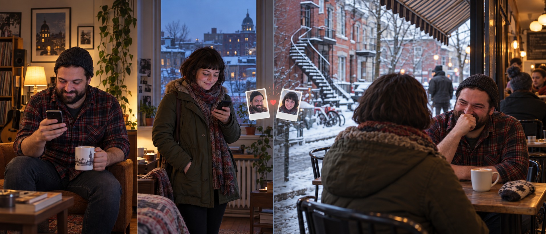 Deux personnes se rencontrent sur un site de rencontre, puis se retrouvent dans un café sous la neige