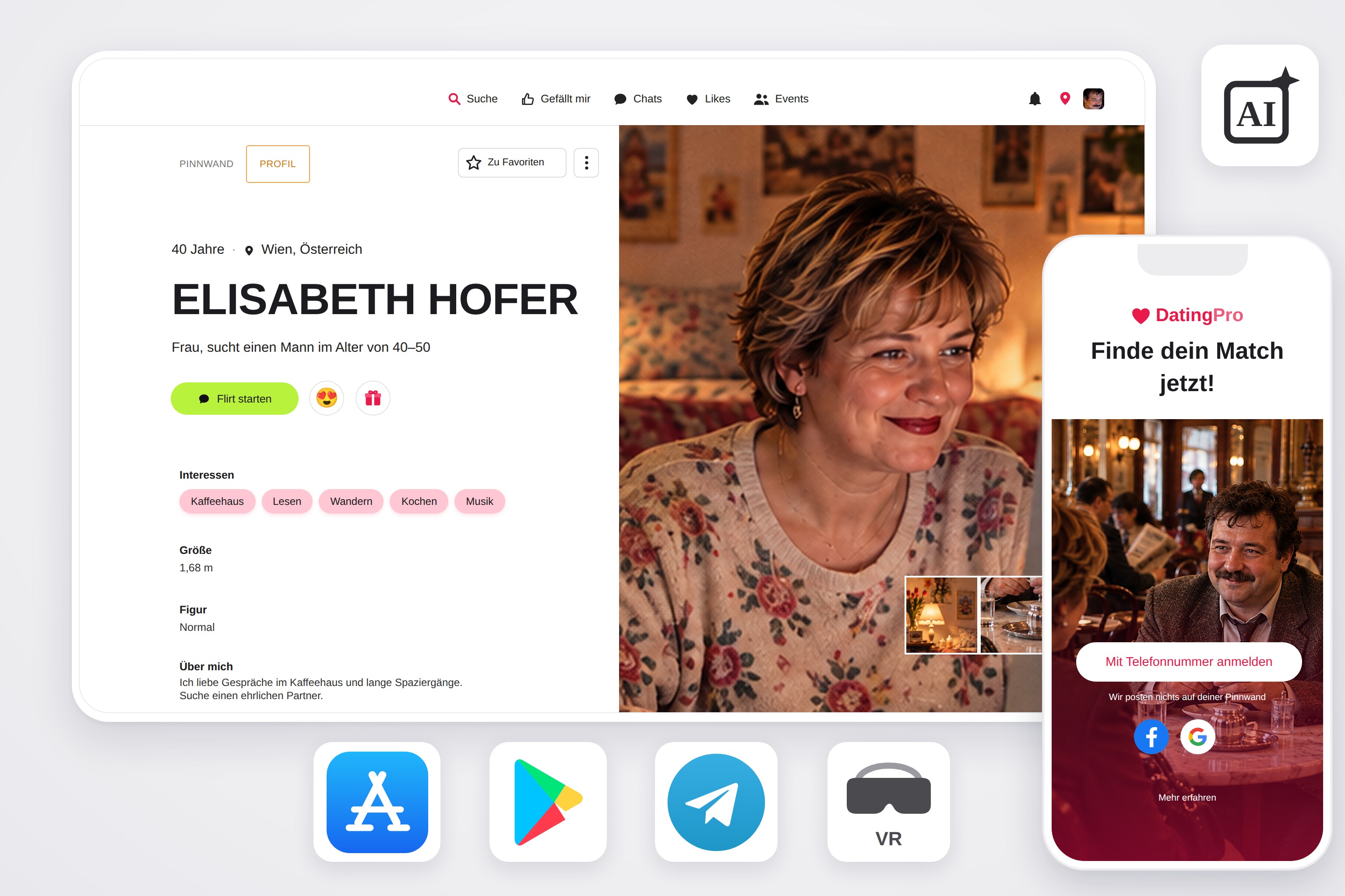 Mitgliederprofil auf der Dating-Website und Startbildschirm der mobilen App, mit der Marke Ihrer eigenen Plattform