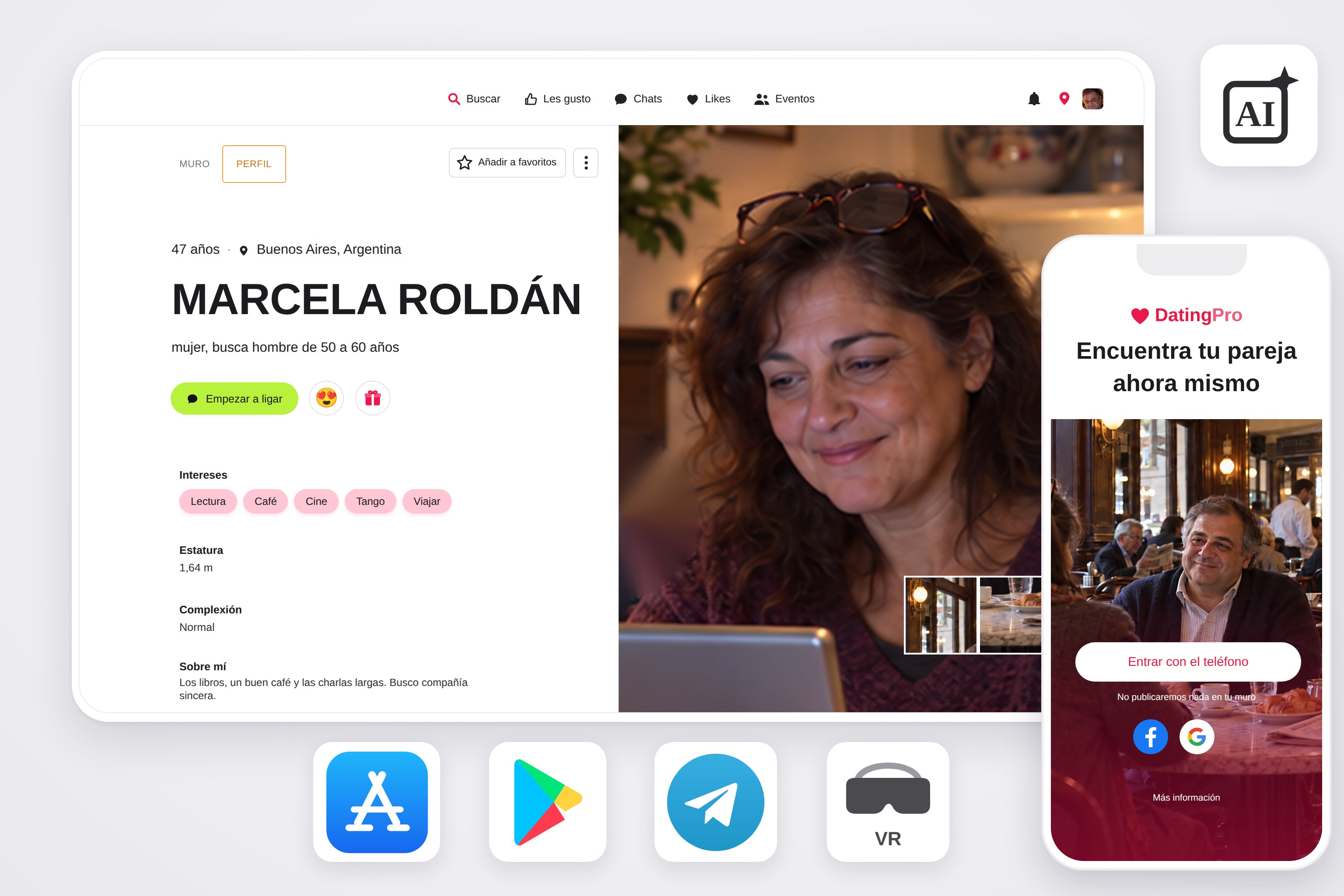 Perfil de un miembro en el sitio de citas y pantalla de inicio de la app móvil, con las marcas de su propia plataforma