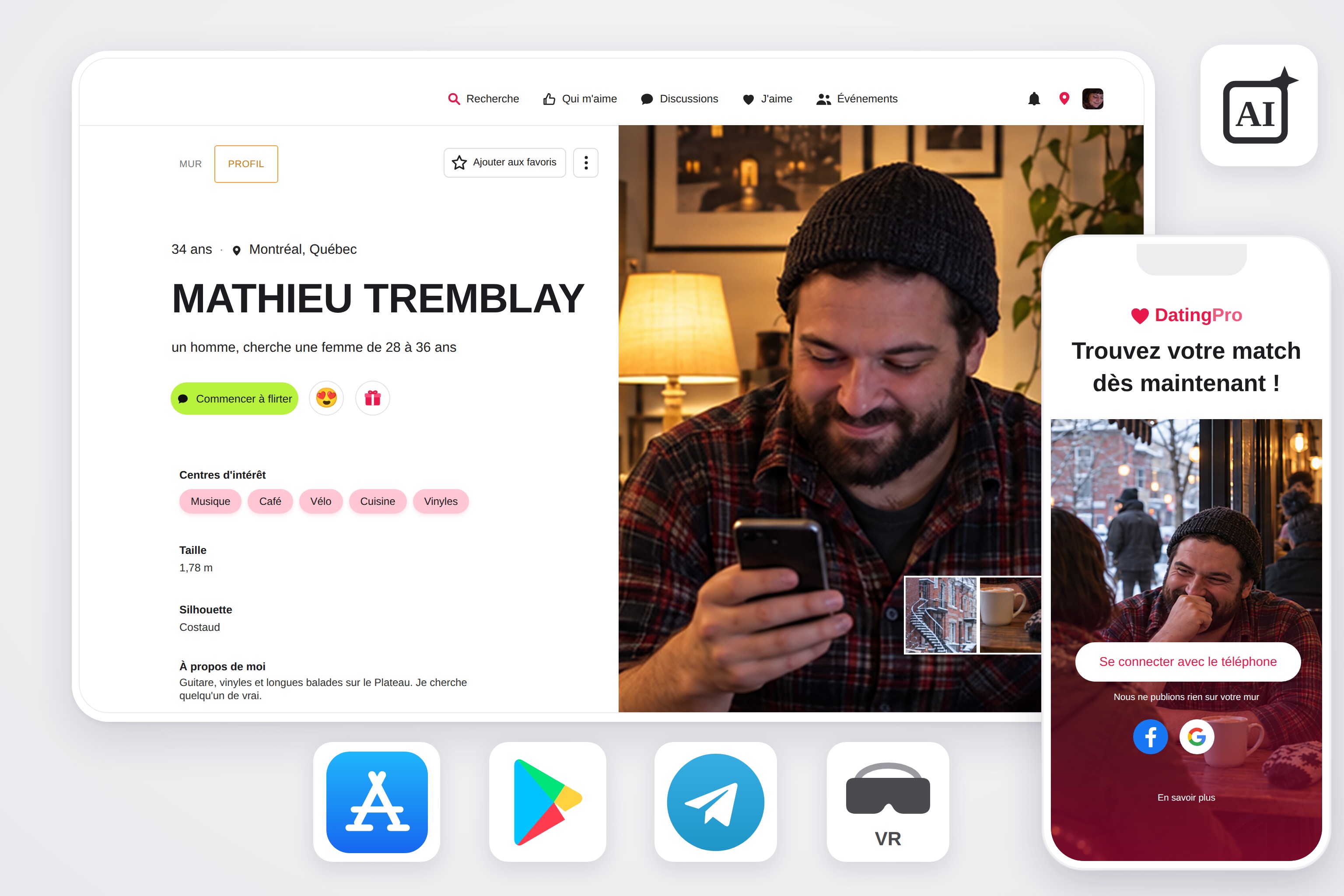 Profil d'un membre sur le site de rencontre et écran d'accueil de l'application mobile, aux couleurs de votre propre plateforme